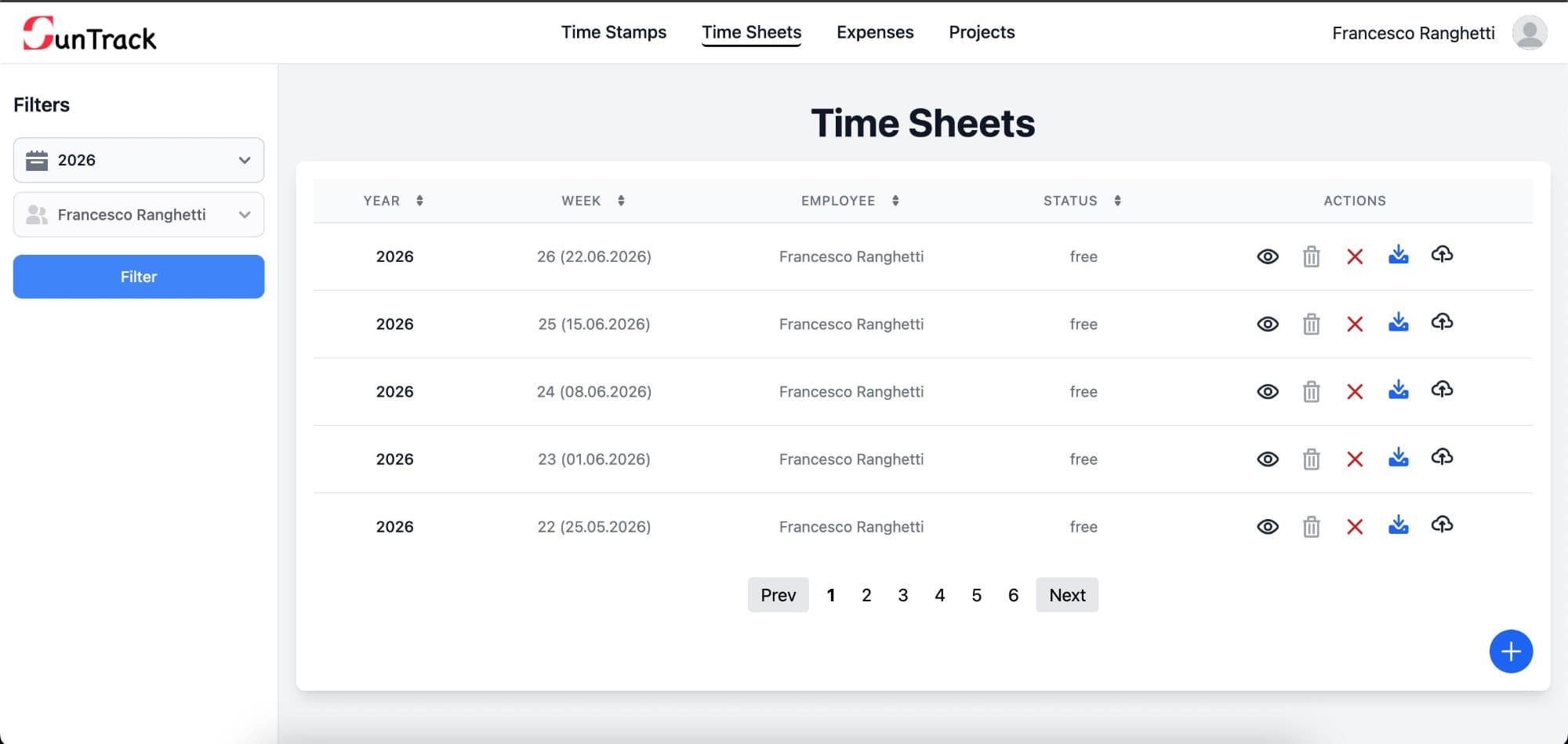 Weekly time sheets, with PDF export